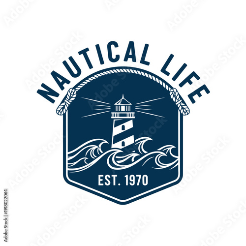 Nautical Life Logo - Lighthouse and Waves Emblem Design.