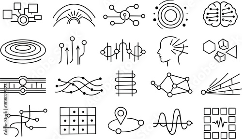 Neuro-Control Icon Set. Line vector icons of neuro-impulse–based control systems: mechanical-input tiles, press arcs, circuit