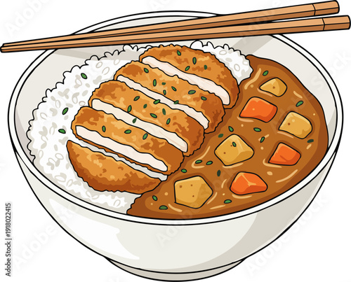 Japanese Katsu Curry with Steamed Rice and Chopsticks Vector Illustration Isolated