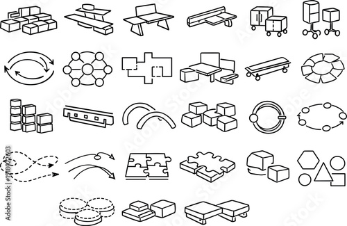 Adaptive Furniture Icons. Line vector icons of adaptive rental-based furniture ecosystems: modular seating grids, clip-on shelves,