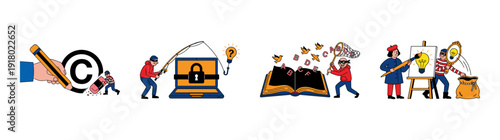 Flat Vector Intellectual Property Theft and Digital Piracy Character Element Kit for Cybersecurity Education
