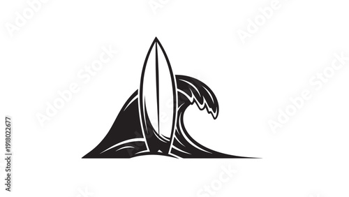 Minimalist black and white illustration of a single surfboard resting beside a curling wave.