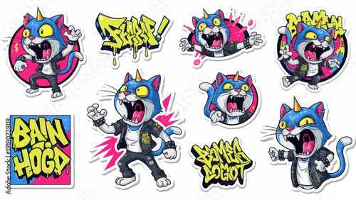 Cartoon cat characters in punk style with horns and graffiti elements