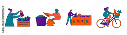 Flat Vector Sustainable Lifestyle Characters Graphic Set for Eco-Friendly Living and Waste Reduction Concepts