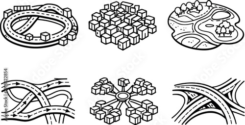 Line style icons of simulation-shaped city layouts: algorithmic road loop, density-driven housing patch, dynamic park fragment,