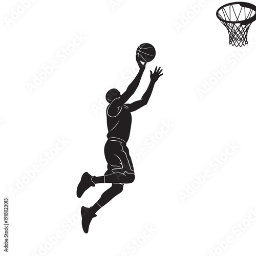Silhouette of a basketball player performing a dynamic dunk toward the hoop in mid-air action.