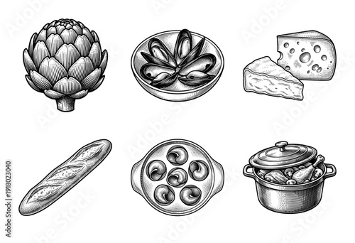 Vintage hand drawn engraving style illustration of French cuisine including artichoke, mussels, cheese, baguette, escargot, and coq au vin in a pot.