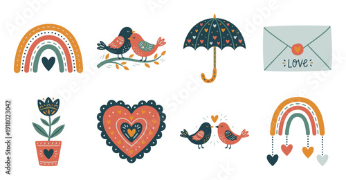 Cute Folk Art Valentine Illustrations, Vector Love Sticker Set