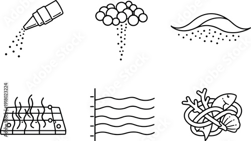 Ocean Iron Addition Icons. Line style icons of ocean iron-addition concepts: particulate release tip, sinking-iron bead set,