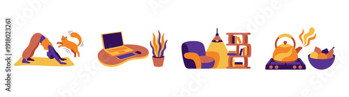 Flat Vector Cozy Home Life Graphic Set for Remote Work and Wellness Lifestyle Branding