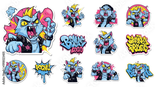Cartoon cat poses and graffiti logos on white background for stickers