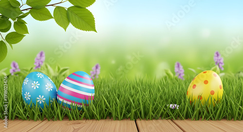 Colorful Easter eggs on grassy lawn with flowers and leaves