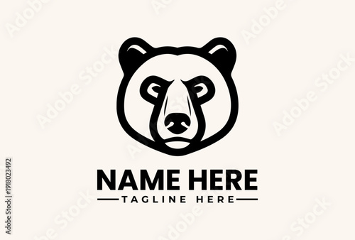 A black and white illustration of a bear's head logo with a customizable name and tagline on a plain beige background.