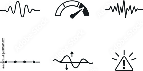 Line style icons of vocal fatigue analysis: voice waveform outline, fatigue indicator arc, micro-tremor marker, vocal stability