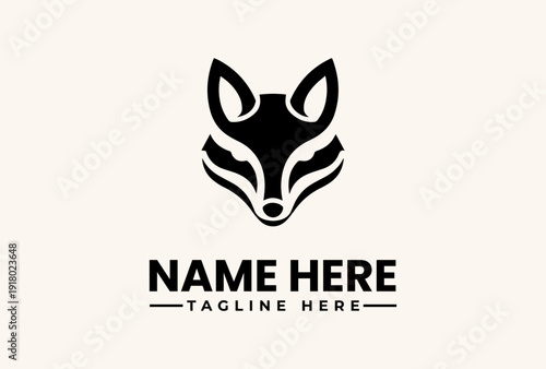 A black and white fox head logo with a placeholder name and tagline on a beige background, featuring a vector illustration style with a simple, iconic design.