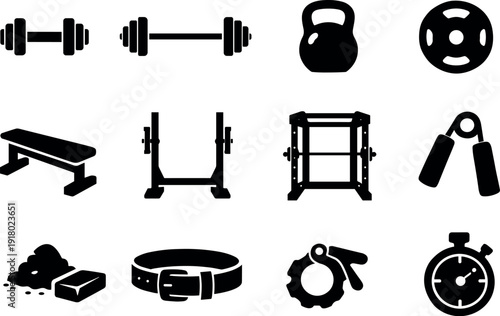 Solid vector icons of strength training: dumbbell, barbell, kettlebell, weightplate, bench, squatRack, powercage, grip, chalk,