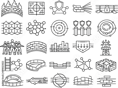 Line vector icons of cyber-defended digital frontiers: border-firewall arcs, intrusion-detection grids, cyber-guard nodes,