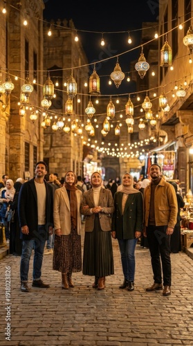 High demand niche concept A joyful group of young Muslim friends admiring glowing Ramadan lanterns in a festive night market Modern people in hijabs celebrating culture in Old Cairo, Egypt commercial