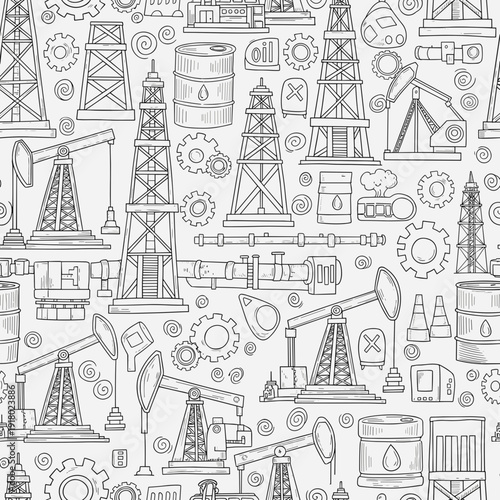 Hand drawn oil rig and petroleum industry seamless pattern