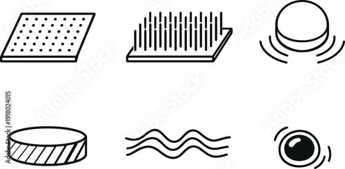 Gecko-Inspired Adhesive Icons. Line vector icons of adhesive surface inspired by gecko feet (microstructure grip): adhesive plane,