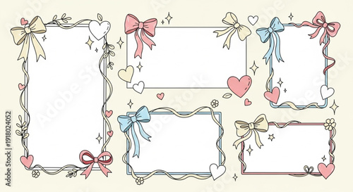 Whimsical Coquette Doodle Frames with Bows and Hearts Rectangle Borders