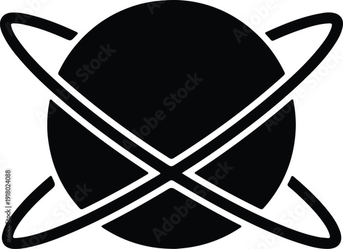 silhouette planet with two intersecting orbital rings for cosmic science vector design
