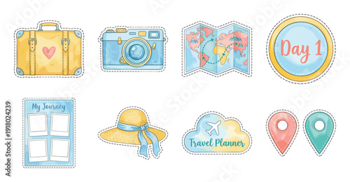 Travel Sticker Set with Vintage Vacation Elements