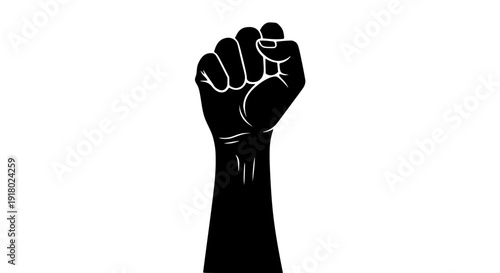 Raised female fist vector illustration, bold black solid silhouette, strong contrast, minimal flat design, white background, empowerment and equality concept, International Women’s Day poster style