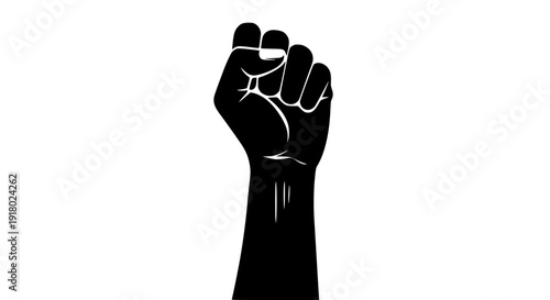 Raised female fist vector illustration, bold black solid silhouette, strong contrast, minimal flat design, white background, empowerment and equality concept, International Women’s Day poster style