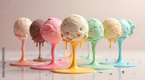Colorful Melting Ice Cream Scoops on Pastel Drips — Playful Summer Dessert Display