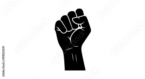 Raised female fist vector illustration, bold black solid silhouette, strong contrast, minimal flat design, white background, empowerment and equality concept, International Women’s Day poster style