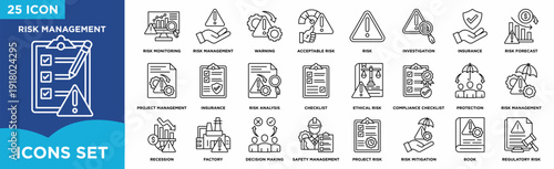 Risk management icon set featuring risk analysis, monitoring, warning, compliance checklist, insurance, safety management, project risk, investigation, mitigation, regulatory risk