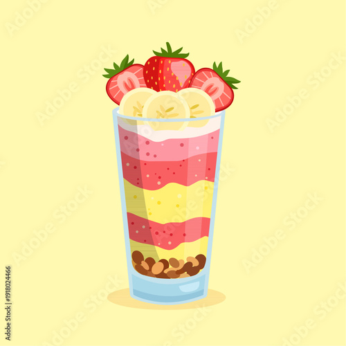 Strawberry and Banana Yogurt Parfait with Granola Layers Illustration.