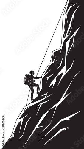 Climber Navigates a Steep Rock Face with Rope Against a Towering Cliff.