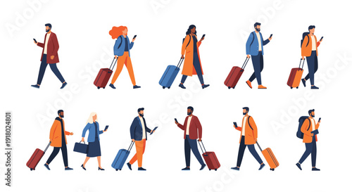 Diverse group of travelers walking with luggage and smartphones, depicting modern travel, business trips, and digital connectivity.