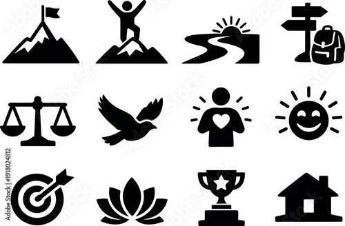 Solid vector icons of life achievement milestones: mountainpeak, summit, path, journey, balance, freedom, fulfillment,