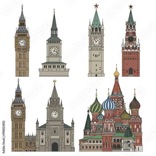 Set of colored icons of famous international clock towers