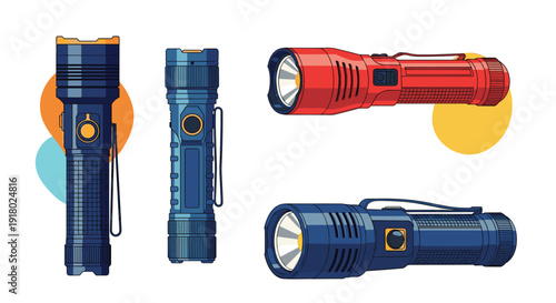 A collection of four modern flashlights in various designs and colors, depicted with a clean, vector-like illustration style on a white background.