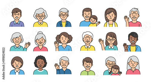 A diverse group of smiling men, women, and children of different ages, from young to senior, happily waving in cartoon illustration style.