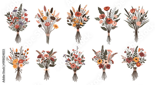 A diverse set of ten hand-tied autumn floral bouquets, each featuring rustic flowers and dried natural elements in beautiful warm and muted color palettes.