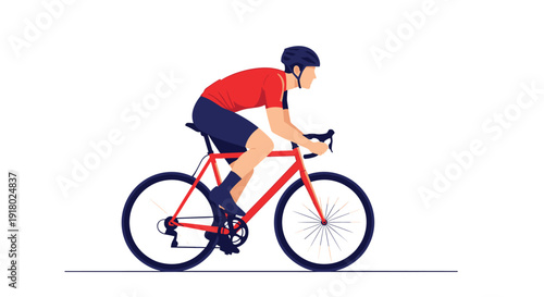 An athletic male cyclist in a red jersey and blue shorts rides a modern road bike, demonstrating a healthy and active lifestyle.