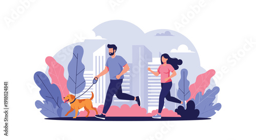 A couple enjoys an active lifestyle, with a man walking his dog on a leash and a woman jogging beside him in a vibrant city park.