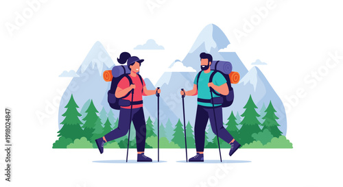 Two happy hikers with backpacks and trekking poles enjoying a summer adventure in the scenic mountains and green forest.