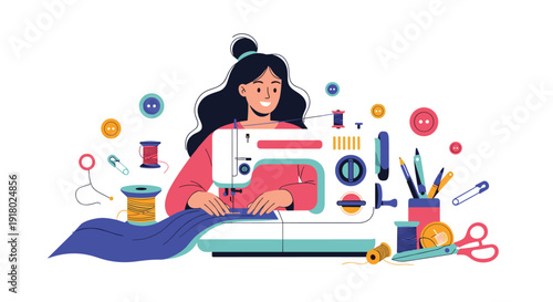 A smiling woman enjoys sewing on a modern machine, surrounded by colorful threads, buttons, and various crafting tools for textile creation.