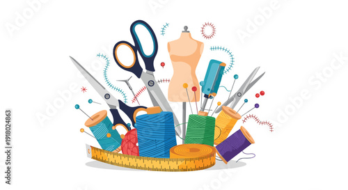 An artistic arrangement of colorful sewing and tailoring tools, including thread spools, scissors, pins, and a dress form, ready for creative crafts.