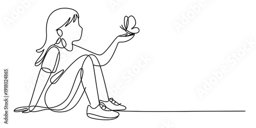 Continuous line drawing of a young girl sitting on the ground and holding a butterfly on her hand. Vector, illustration