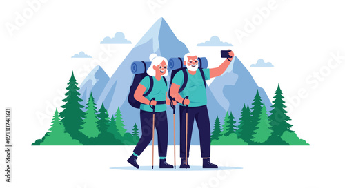 An active senior couple enjoys a scenic mountain hike, pausing to capture a joyful selfie together.