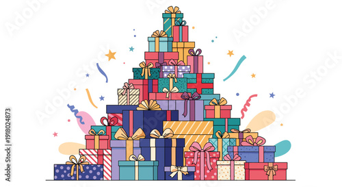 A colorful illustration of a large pile of beautifully wrapped gift boxes, adorned with bows and surrounded by festive confetti and stars.