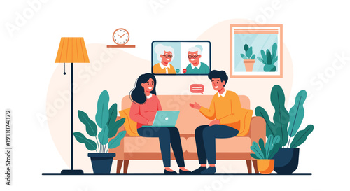 A young couple on a sofa engages in a video call with two elderly women on a screen, illustrating family connection and digital communication at home.