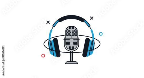 Graphic illustration of a studio microphone surrounded by over-ear headphones, symbolizing radio, podcasting, or music production.